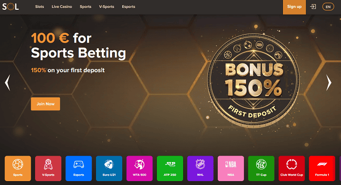SOL Casino 100 EUR free bet bonus on sportsbook! 